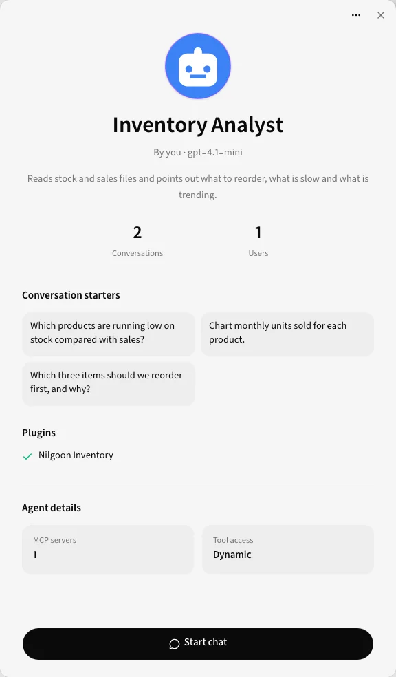 The details window of an agent with its starters and Start chat button