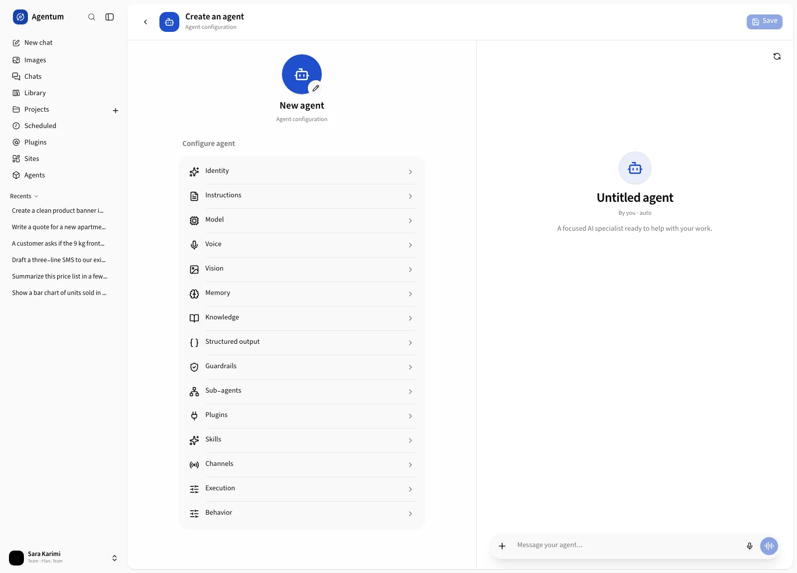The agent editor showing the list of sections and the live preview