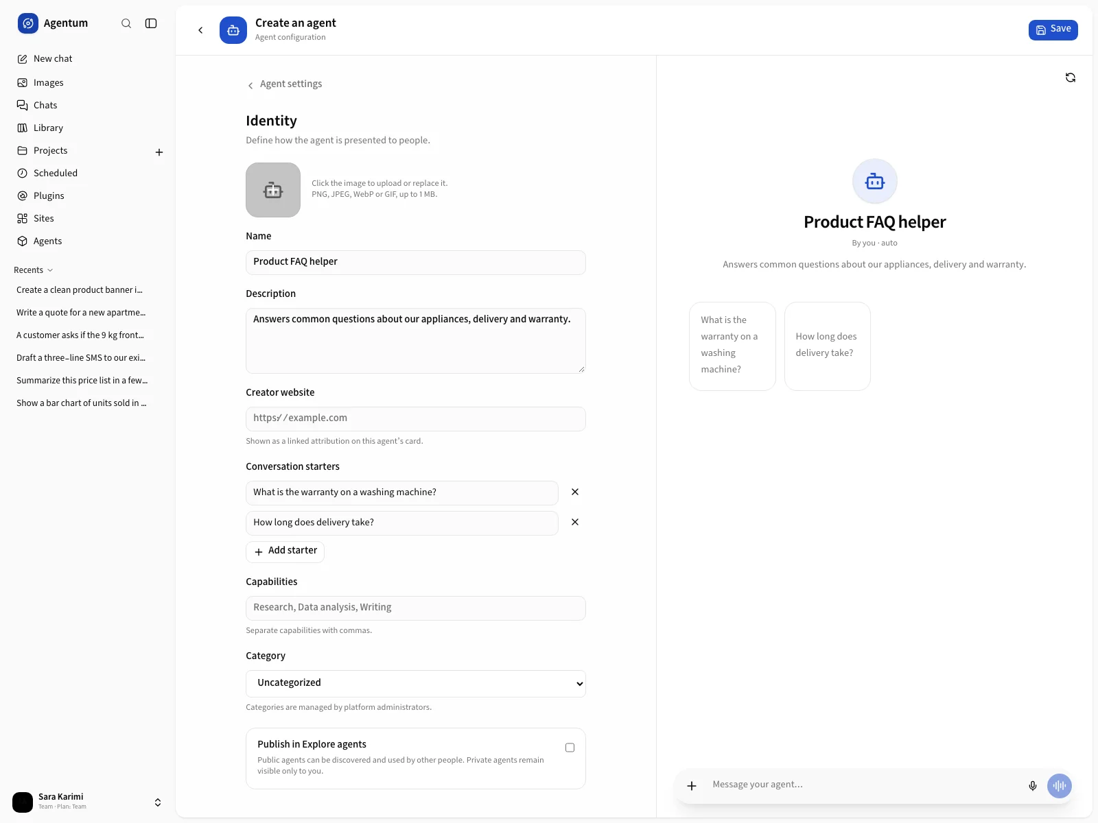 The Identity section with name, description and conversation starters