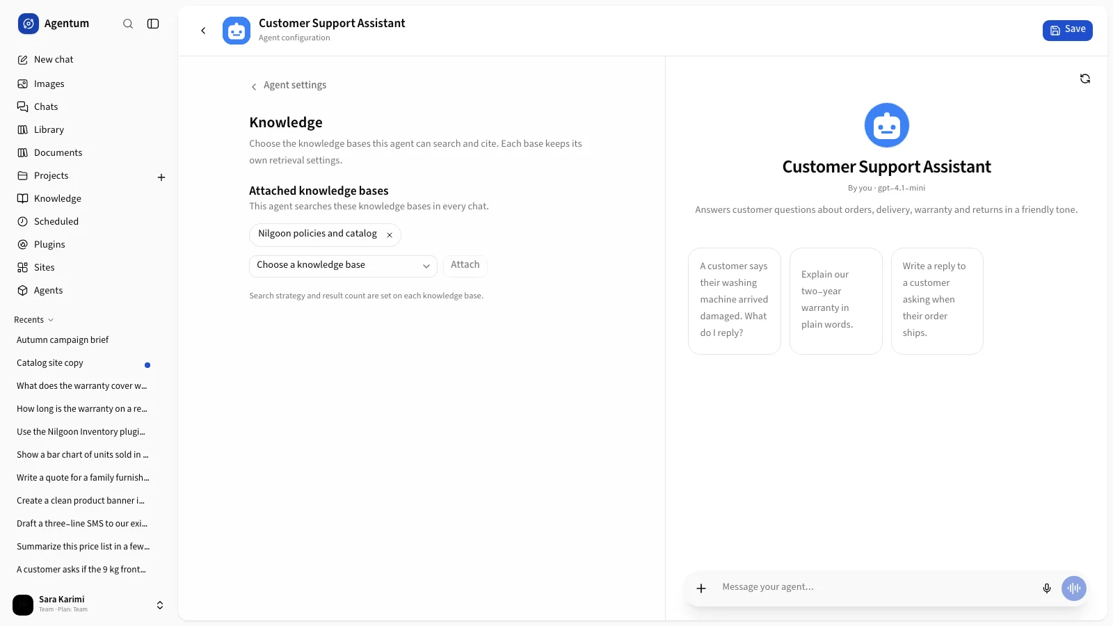 The Knowledge section with an attached knowledge base and the picker