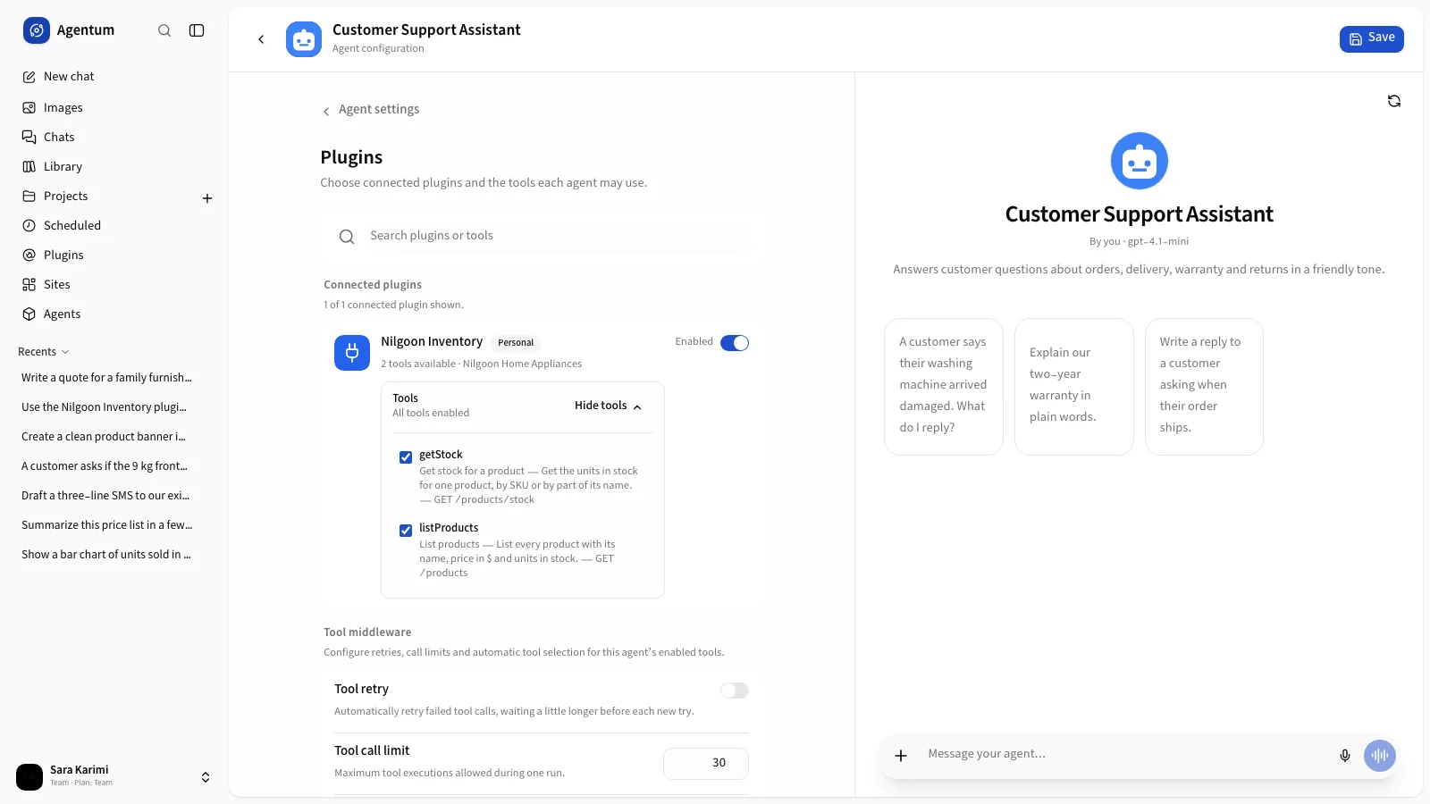 The Plugins section with a plugin switched on and its tool list open
