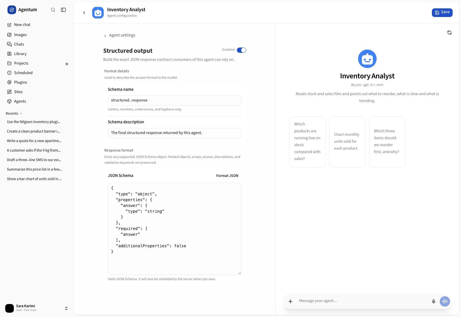 The Structured output section with the schema name and JSON Schema editor