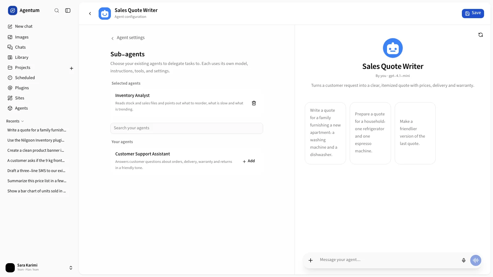 The Sub-agents section with selected agents and the list to add from
