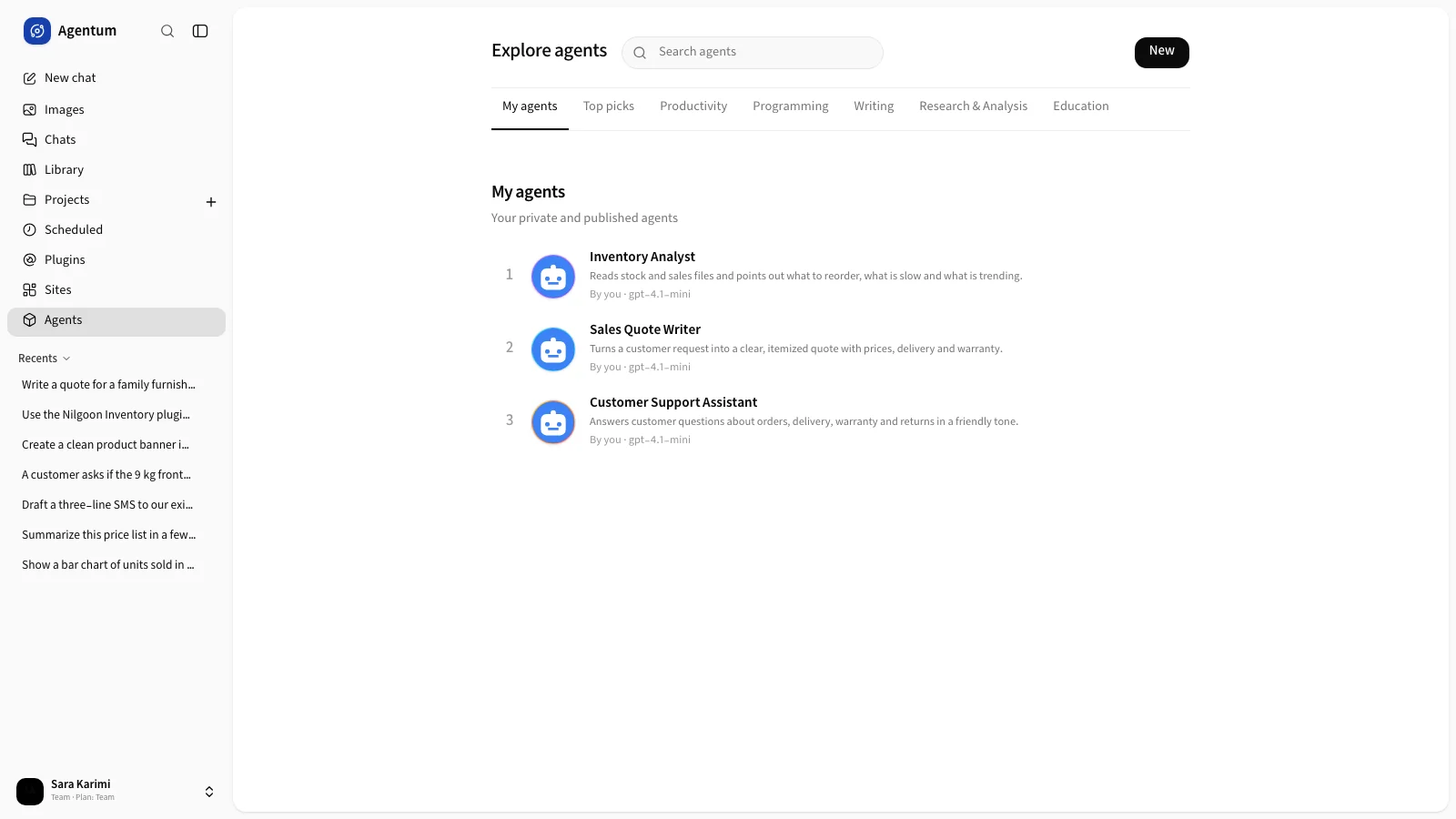 The Explore agents page with My agents, Top picks and the search field