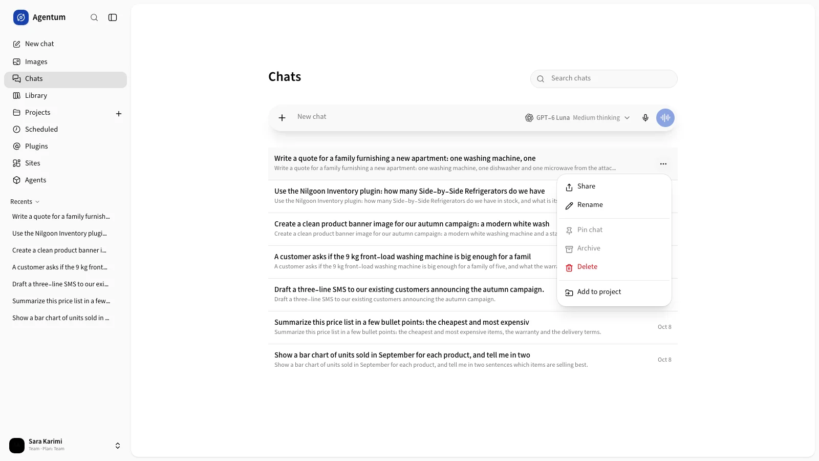 The Chats page with a chat's options menu open