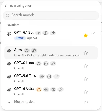 The model list with favorites and badges