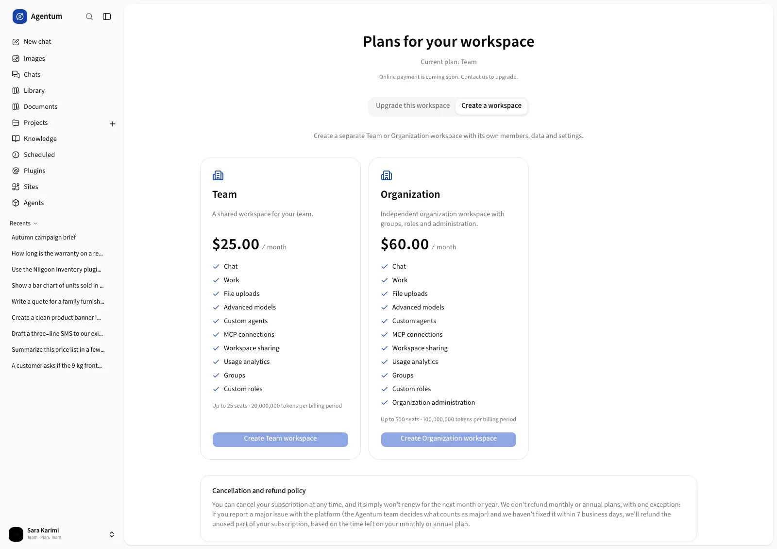 The Create a workspace tab with its plans and the online payment notice