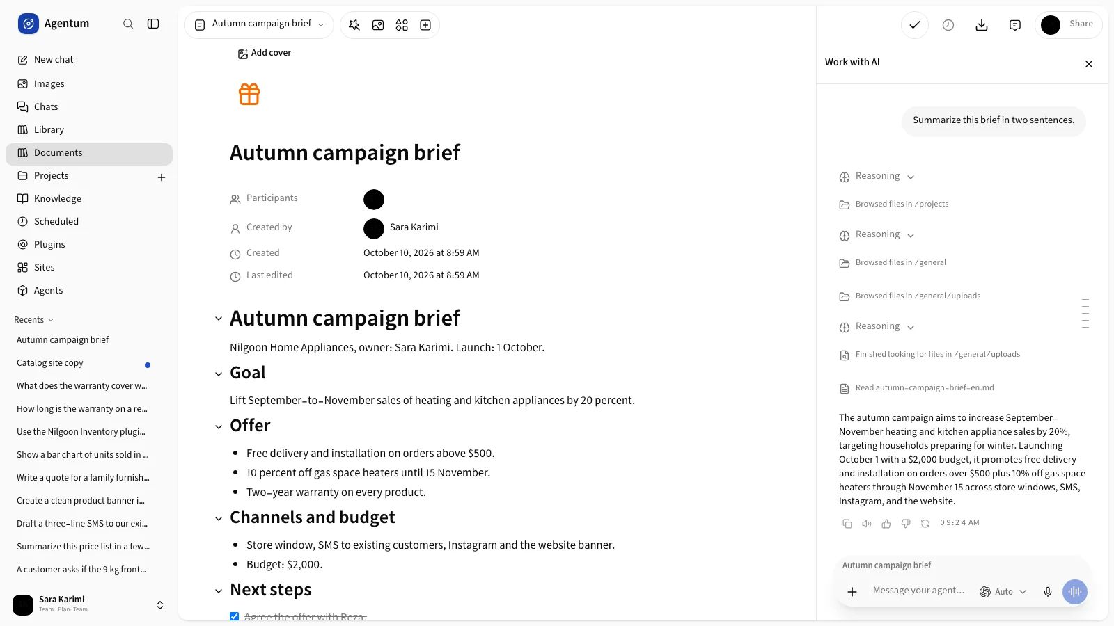 A Page with the AI panel open beside it, answering a question about the Page