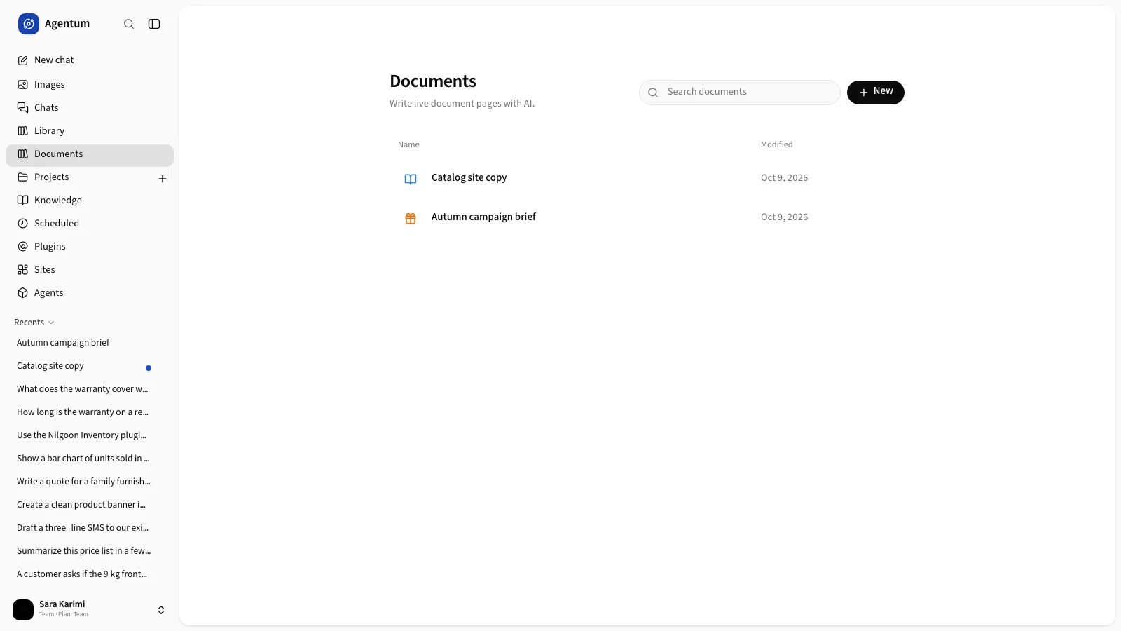 The Documents list