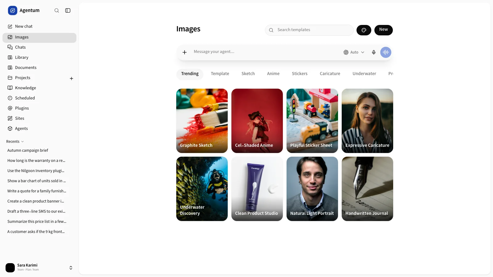 The Images page with templates