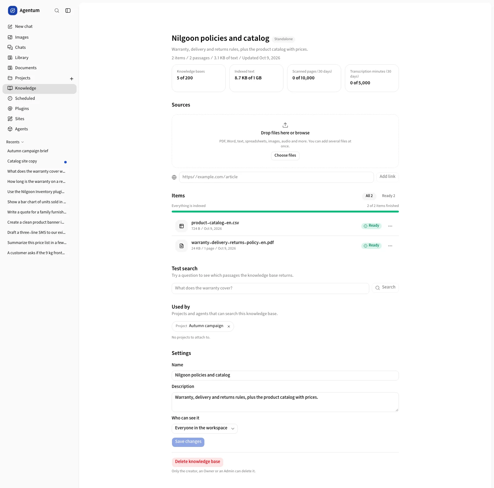 A knowledge base page with usage tiles, sources, items and settings