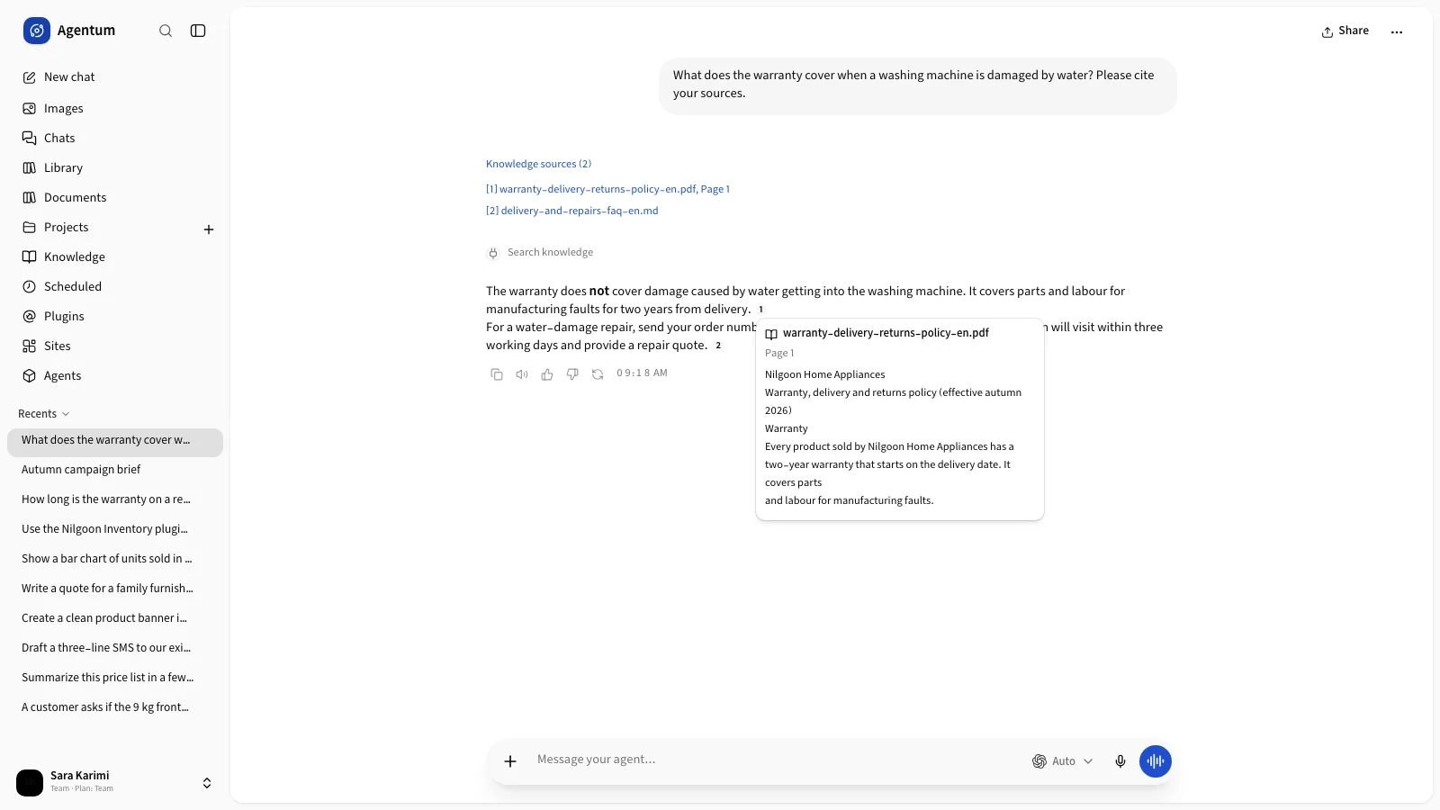 An answer with numbered citations and the Knowledge sources list