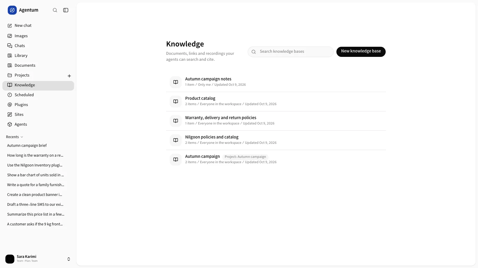 The Knowledge page listing the shop's knowledge bases