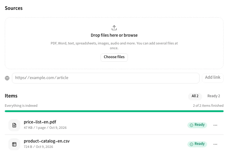 The Sources box, link field and items with their status