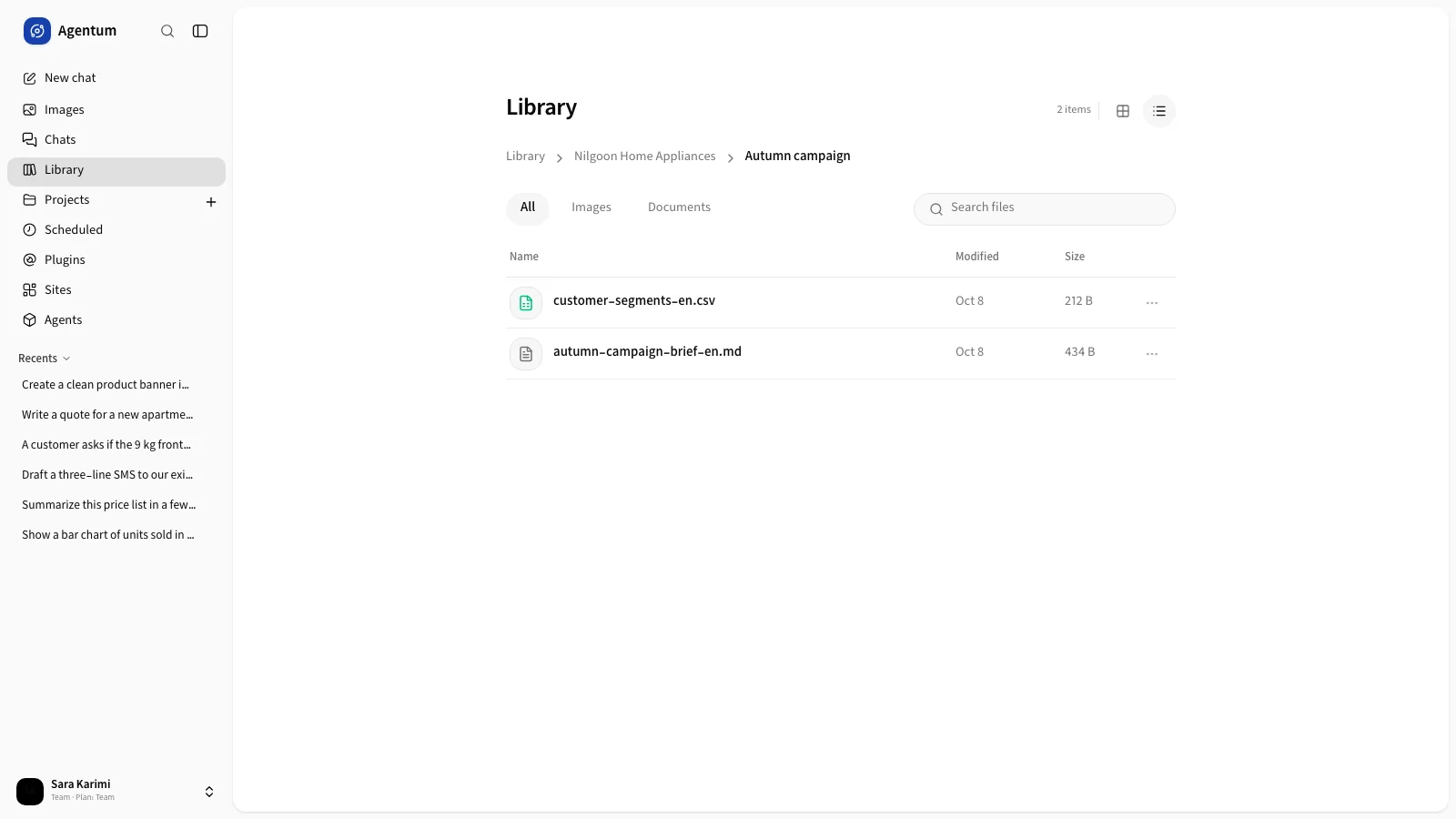 A project folder in the Library in list view