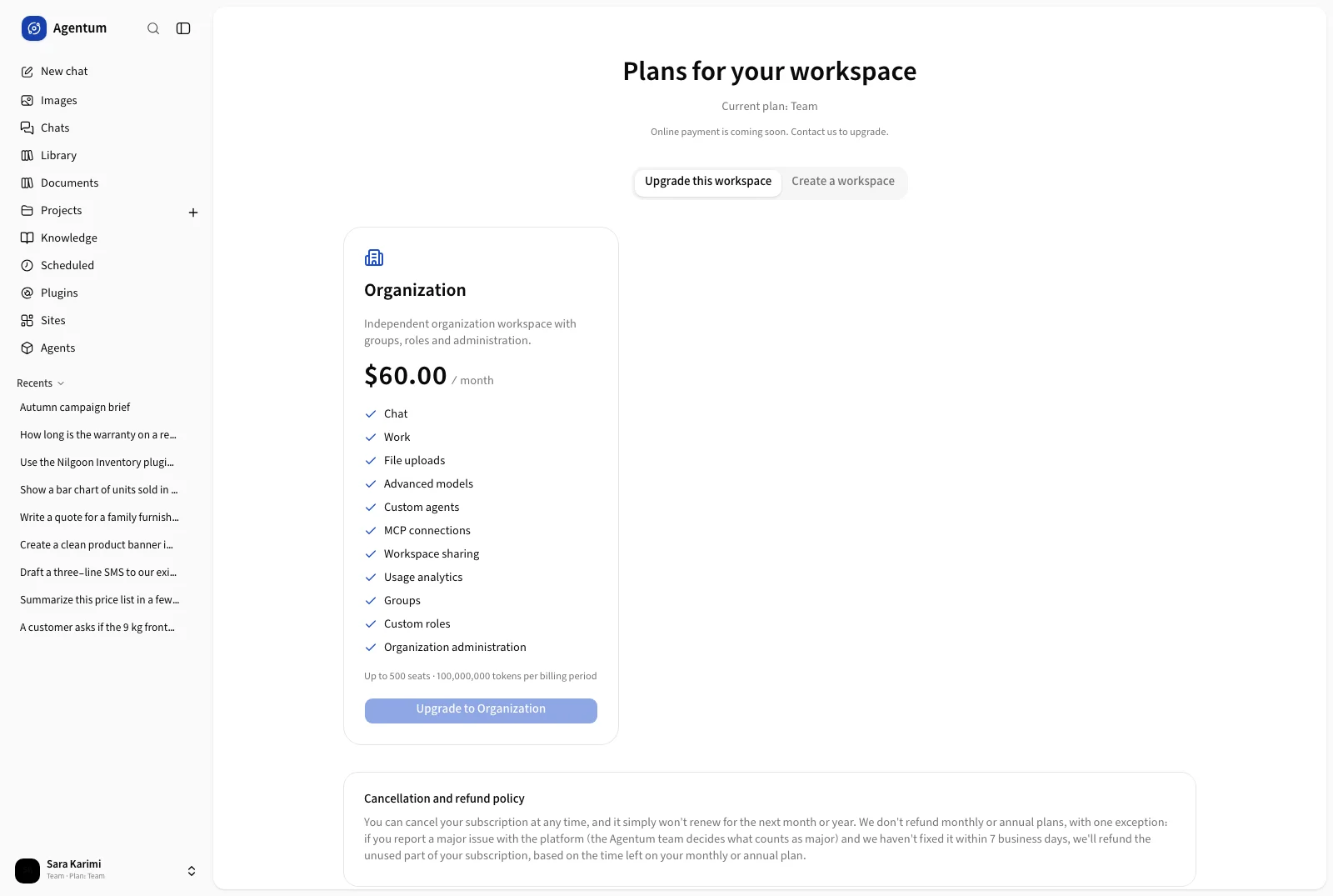 The plans page with the upgrade and create-workspace tabs