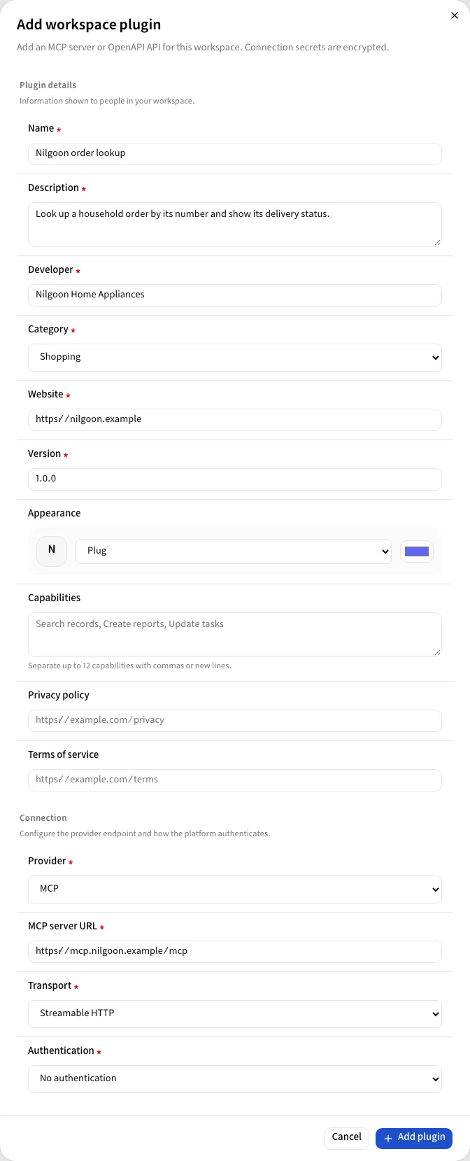 The Add workspace plugin window with details and connection settings