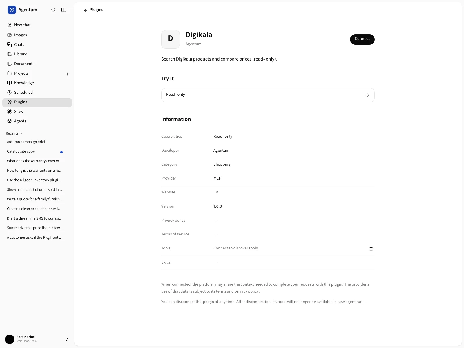 The plugin page with the Connect button and the Information list