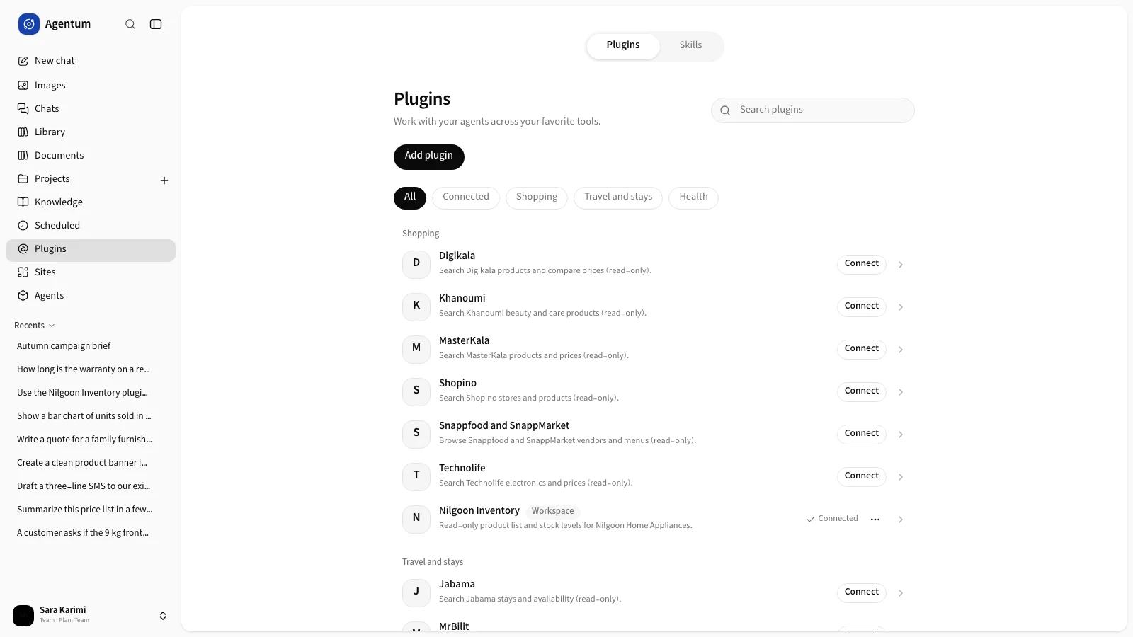 The Plugins page with filter chips and the plugin list