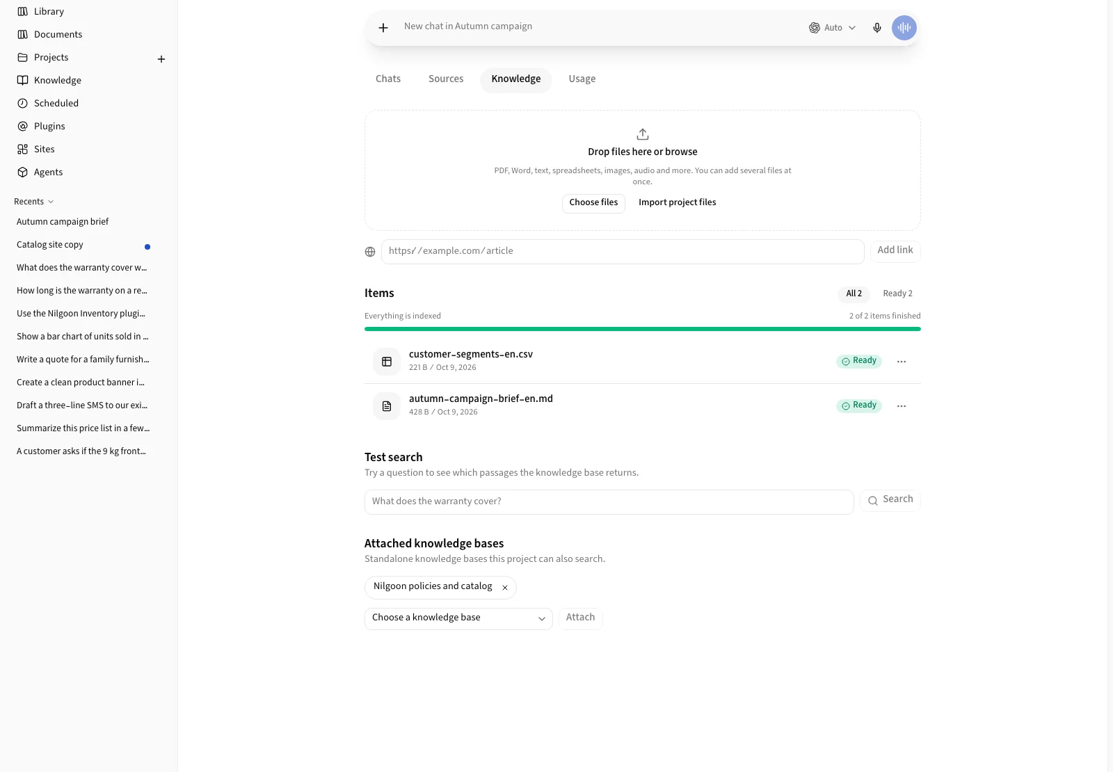 The Knowledge tab of a project with its attached knowledge bases