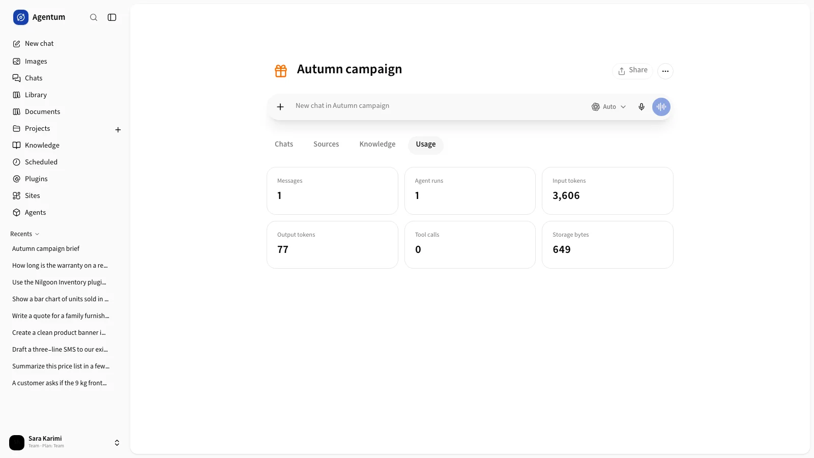 The Usage tab of a project