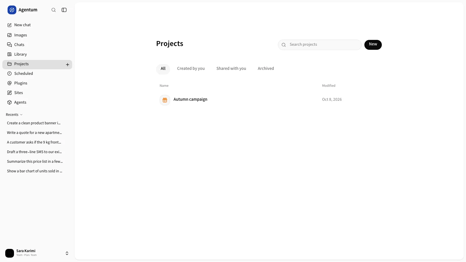 The Projects list with project rows, filters and search