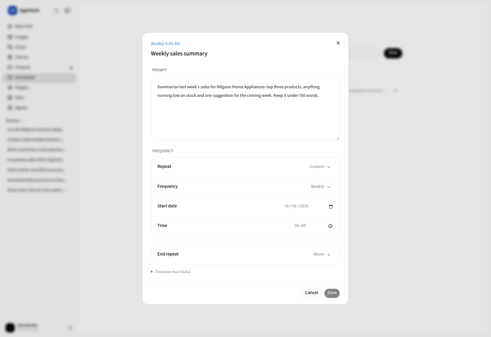 The form for editing the weekly sales summary task