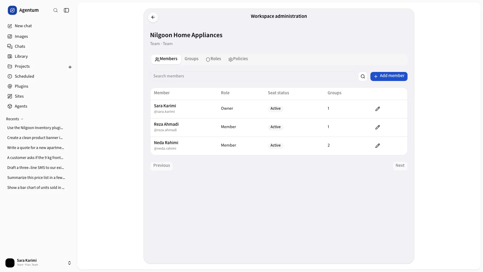 The Members tab of workspace administration