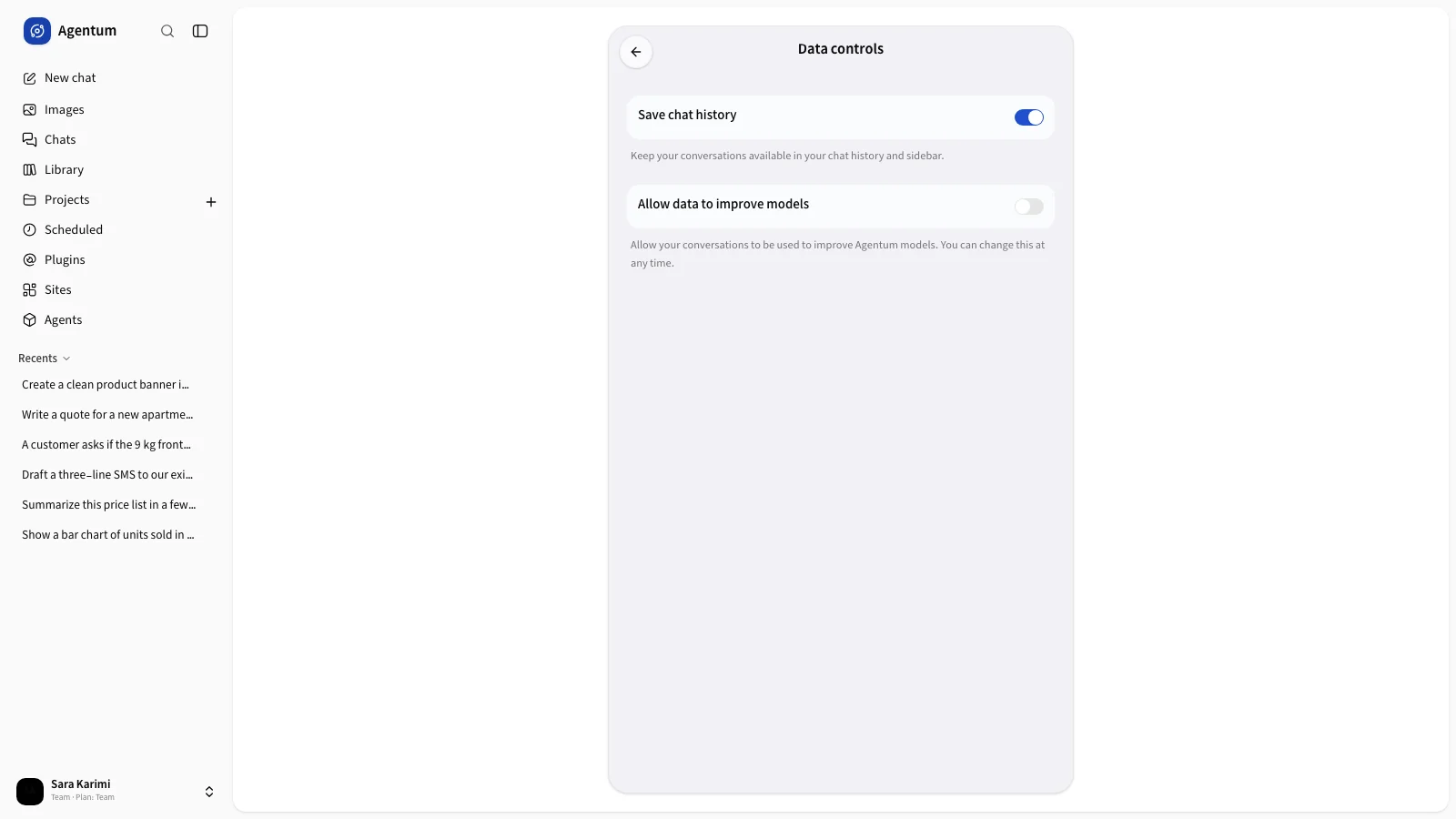 The Data controls page.
