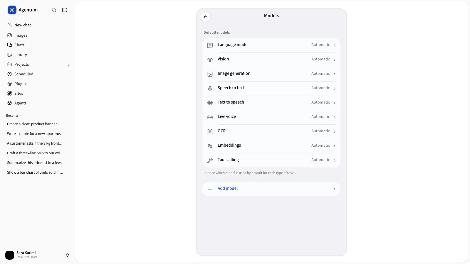Default models for each type of task.