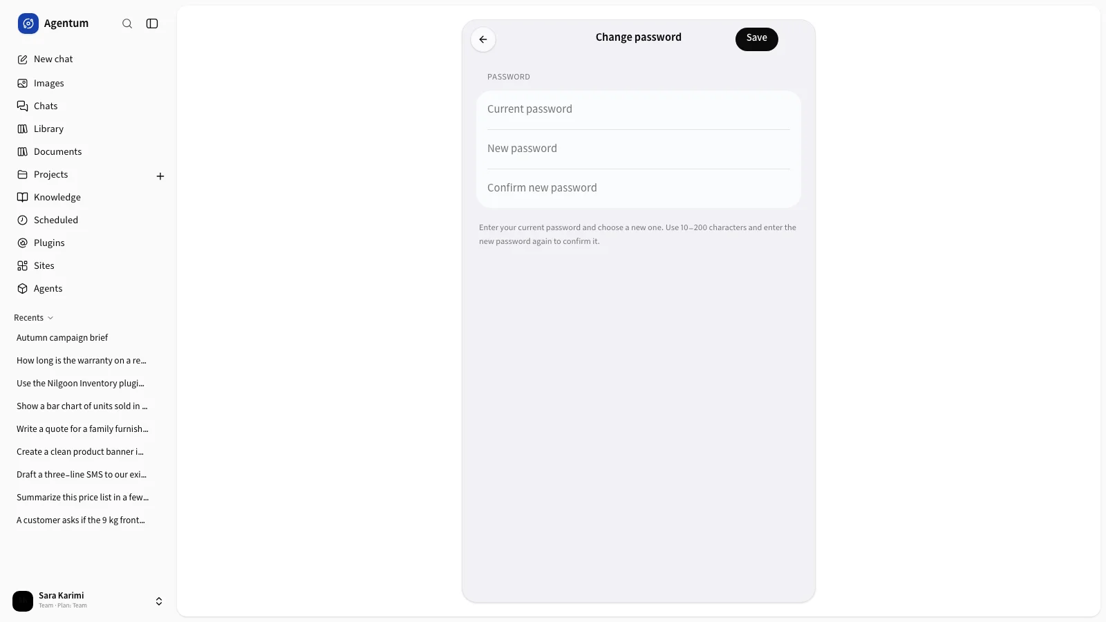 The change password form with its three fields
