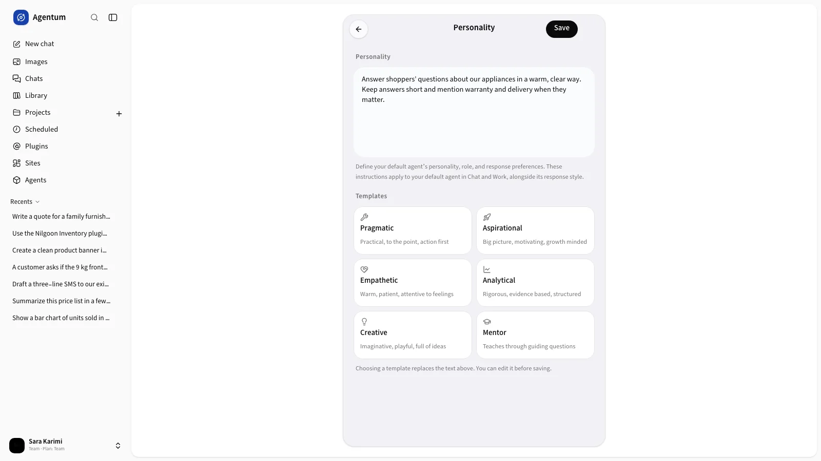 The personality page with the text box and templates
