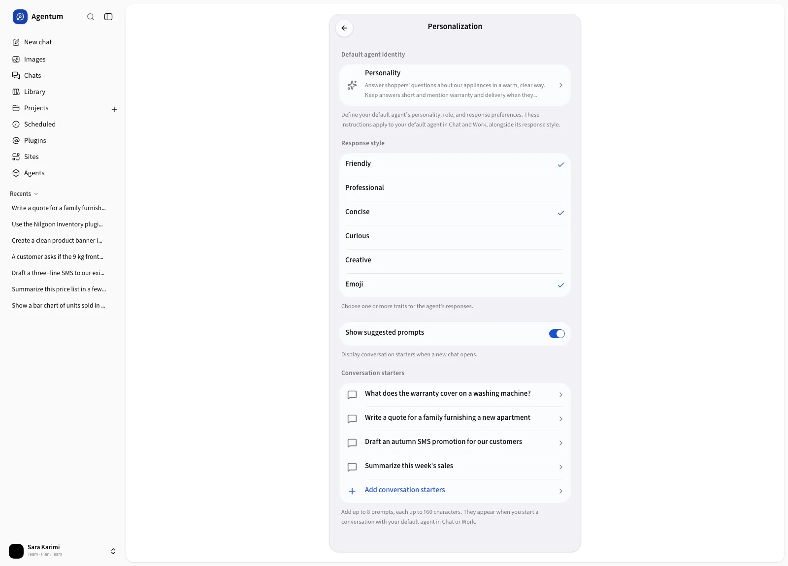The personalization page with response style and conversation starters
