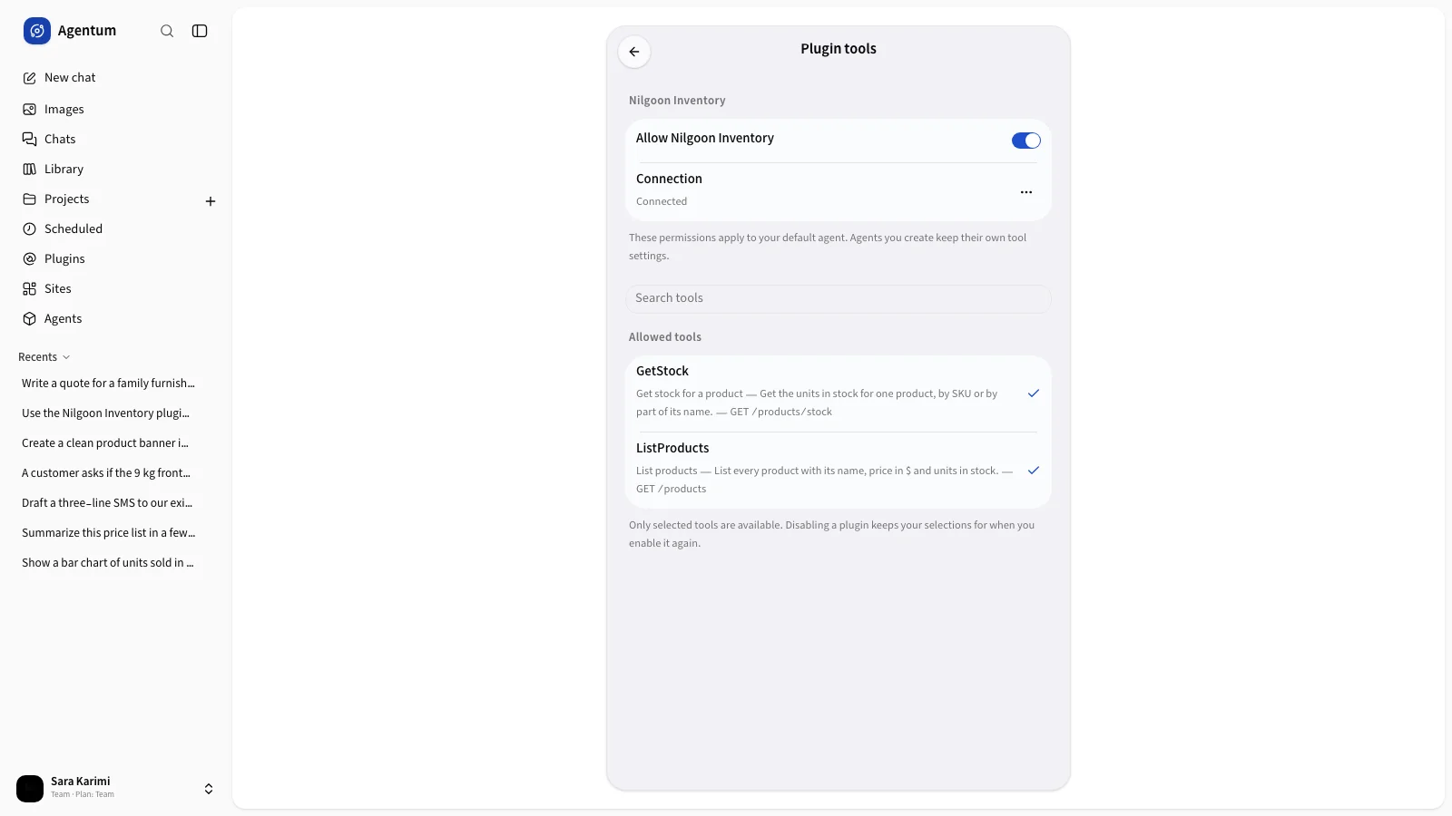 A plugin's tool list with allow switch and ticked tools