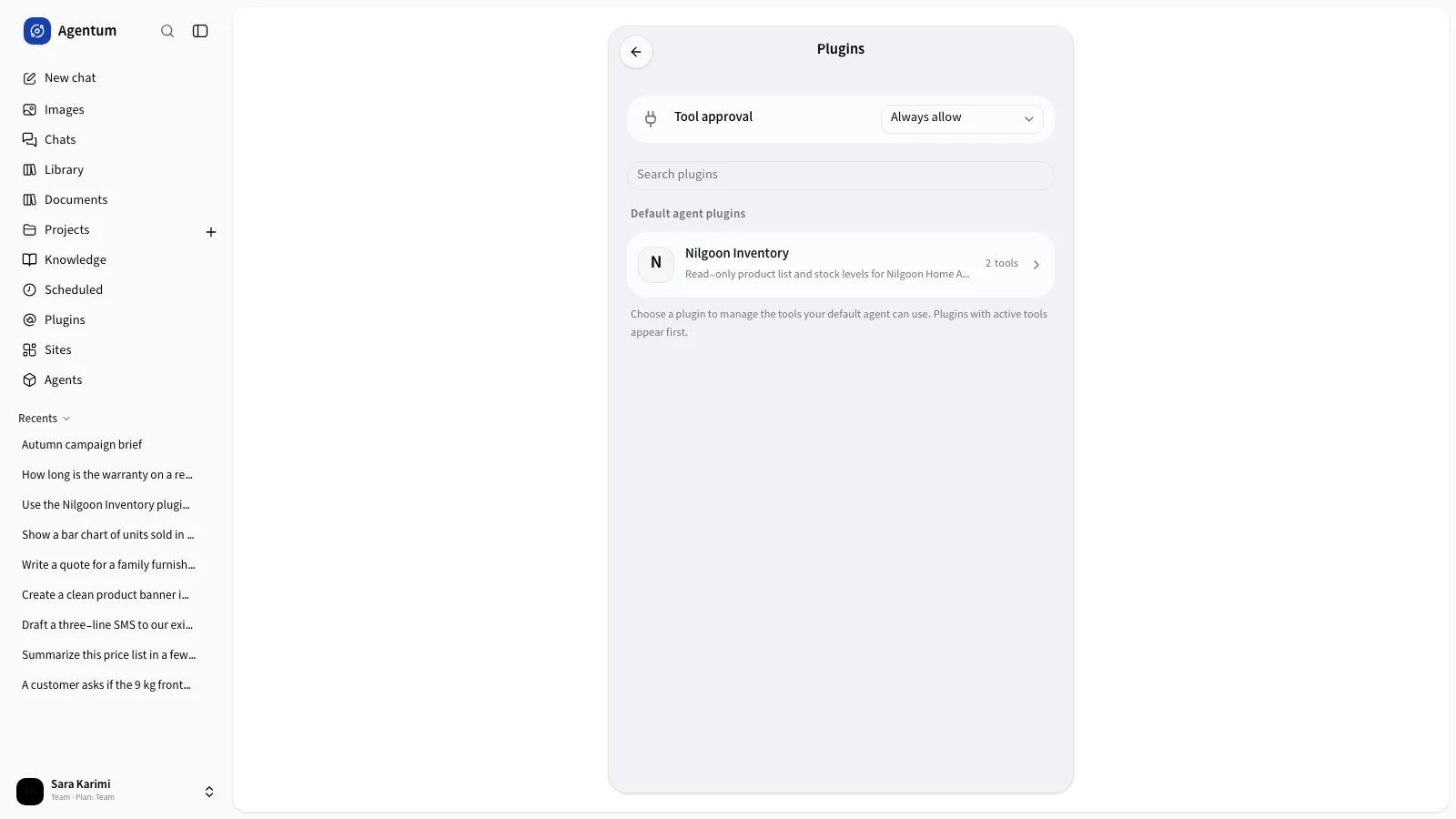 Settings plugins page with tool approval and connected plugins