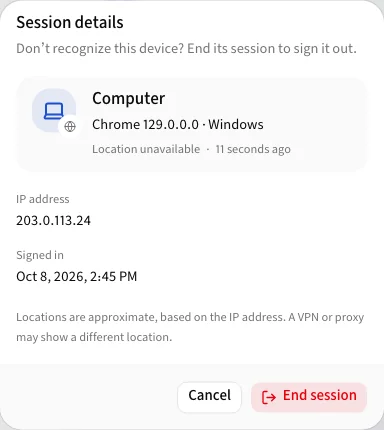 Session details for another device, with End session