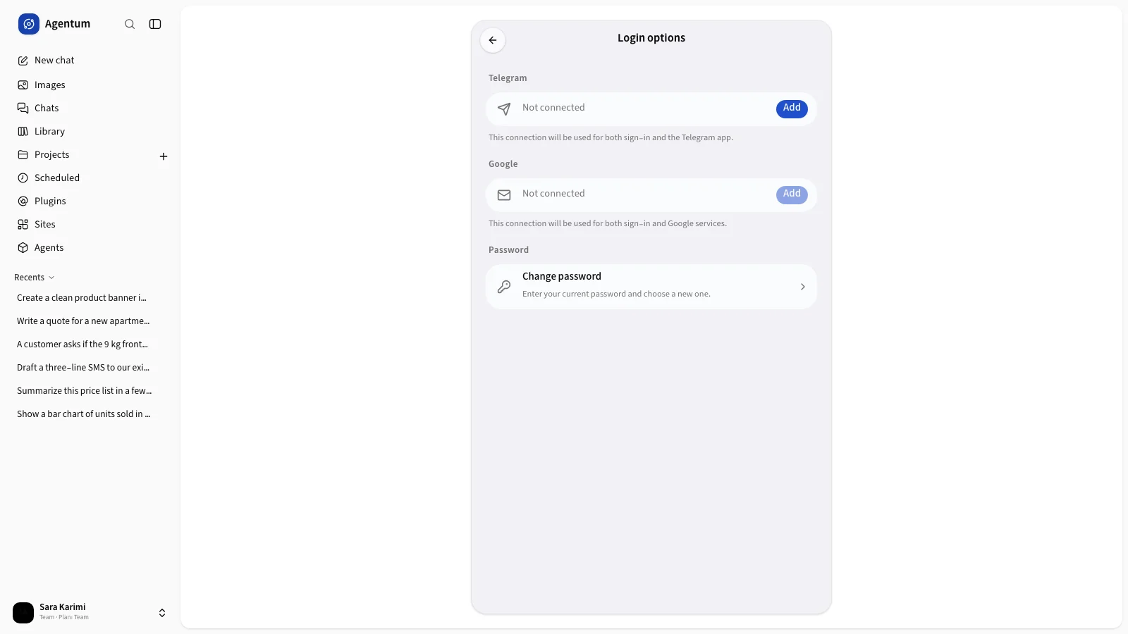 Login options with Telegram, Google and Password