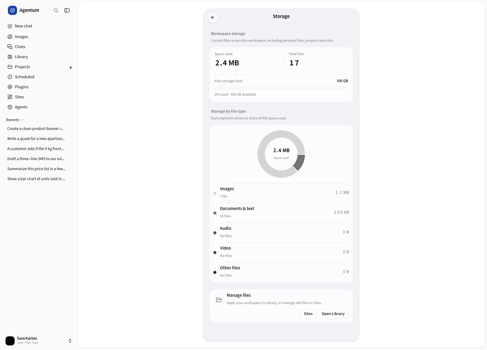 The storage page with usage chart and file types