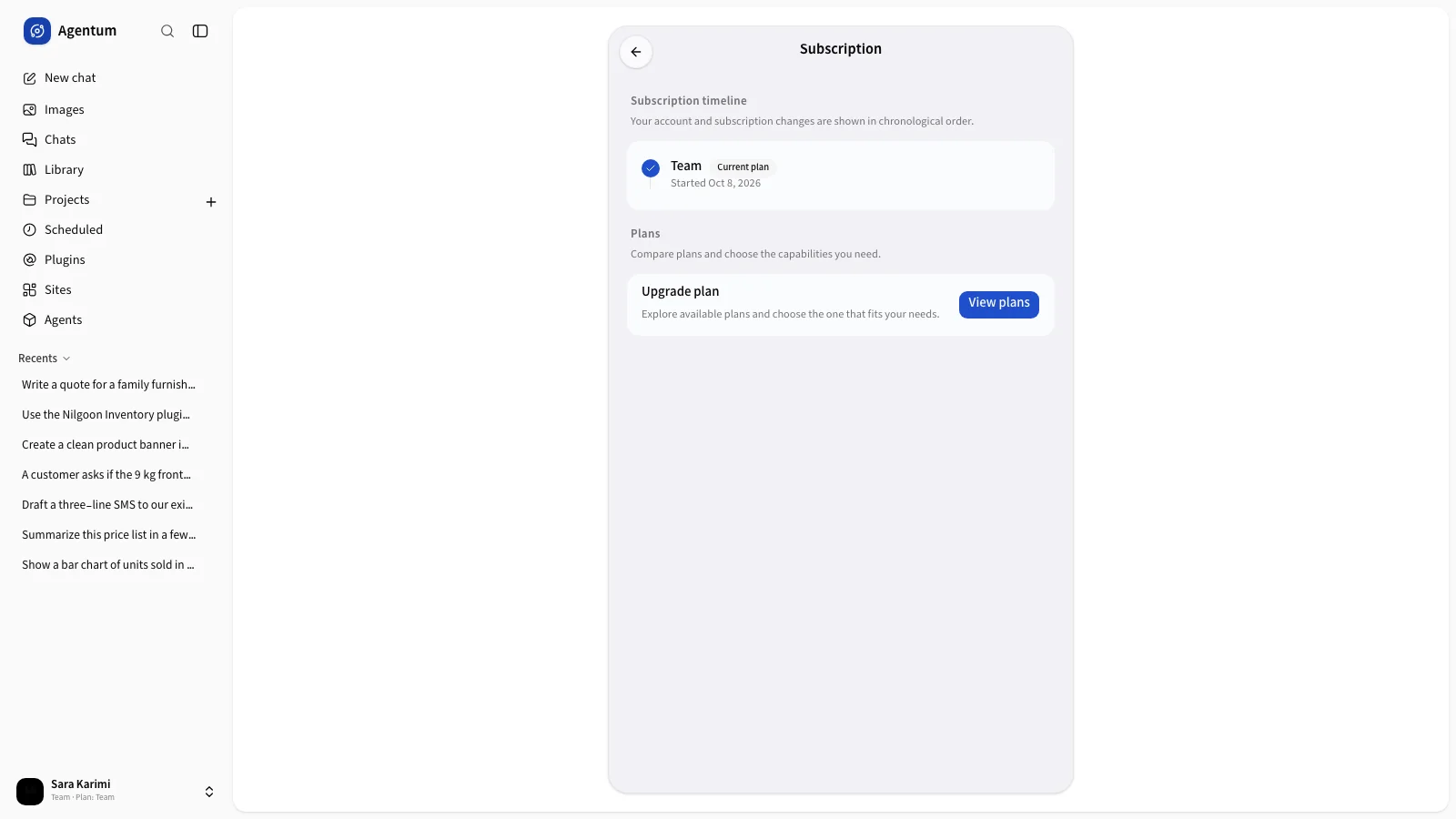 The subscription page with the current plan and View plans