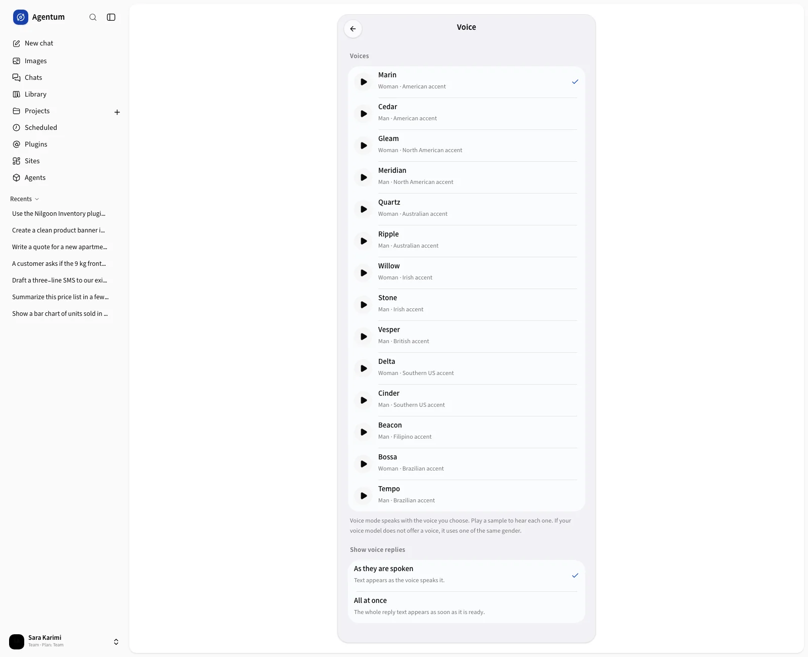 The voice page with voices and caption options