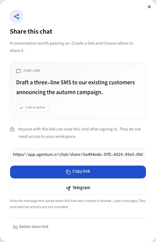 The share dialog with an active link