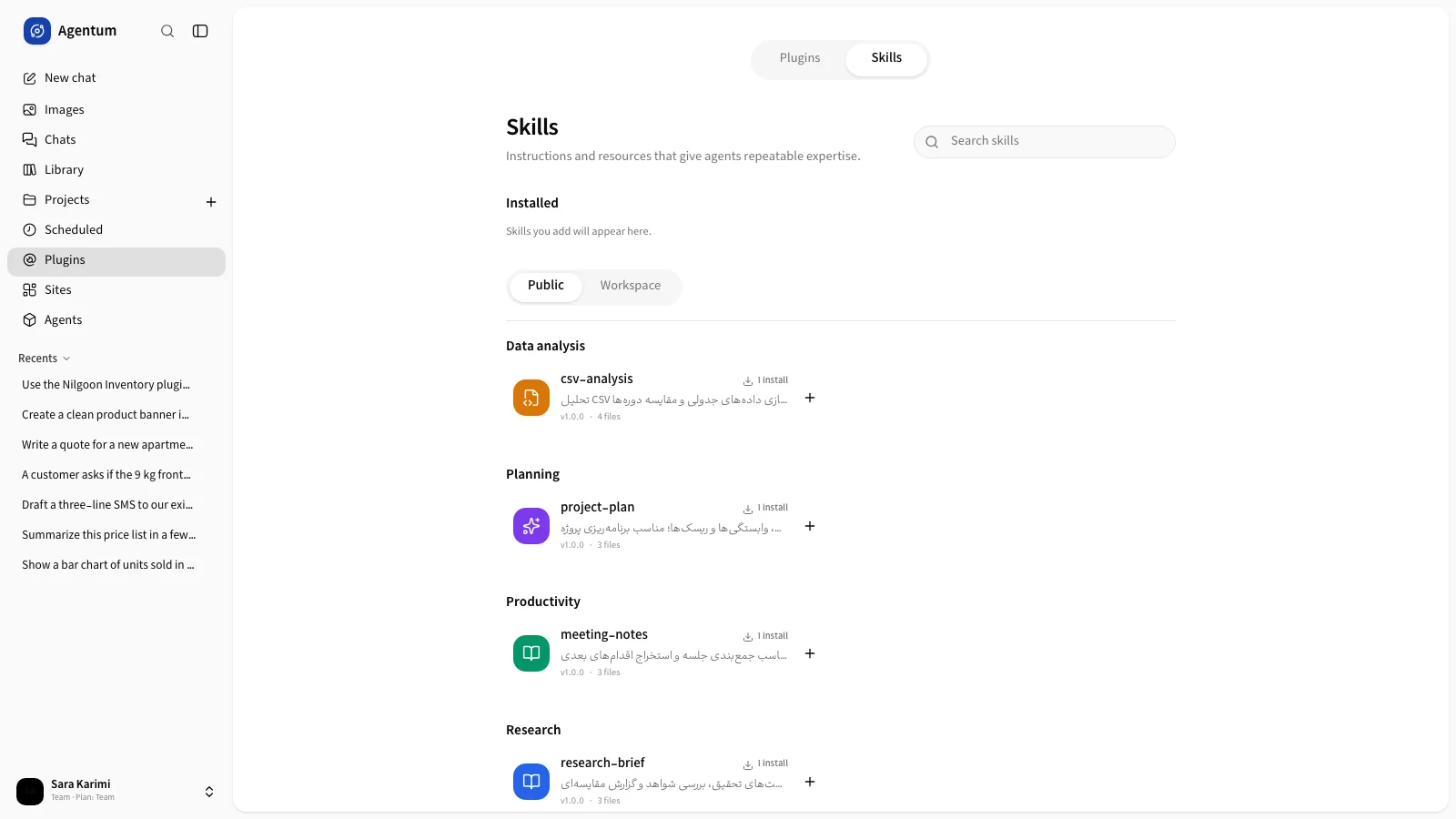 The Skills tab with installed skills, scope switch and categories