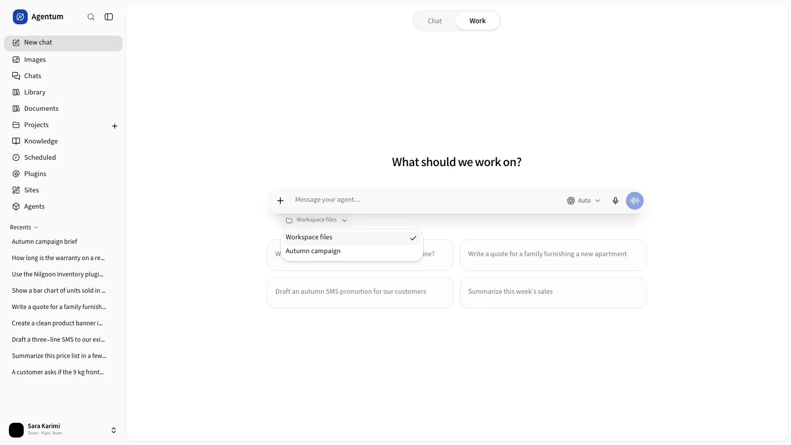 A new chat in Work mode with the project selector