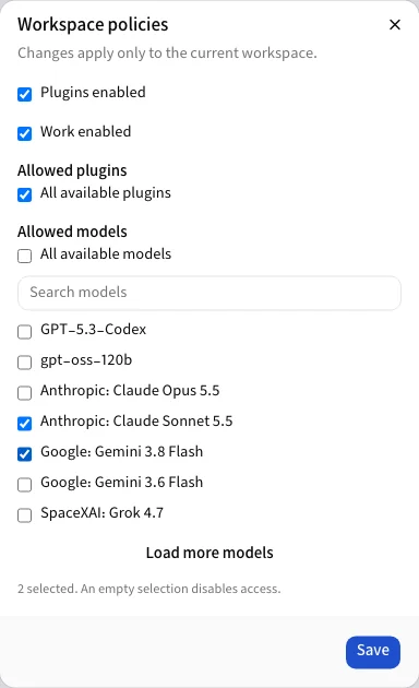 The workspace policies dialog