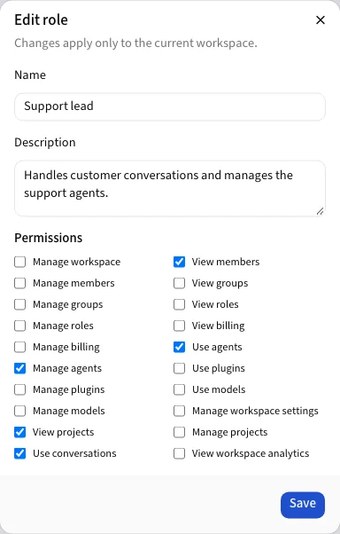 The role editor with its permissions