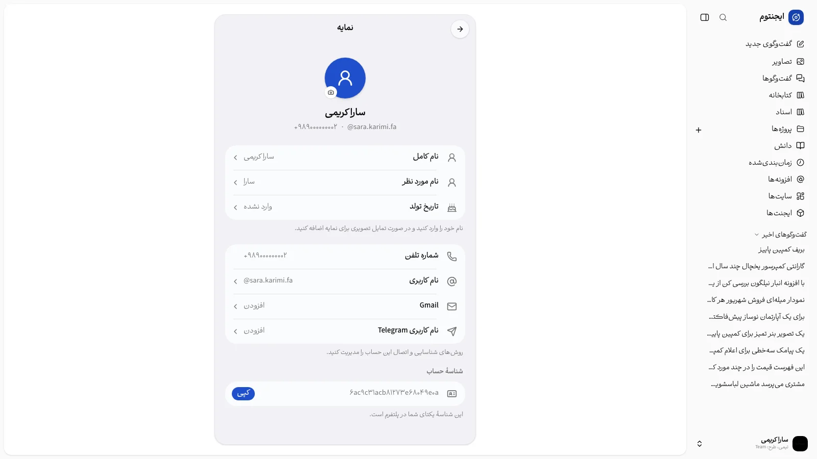 صفحهٔ نمایه با نام، شماره تلفن، نام کاربری و شناسهٔ حساب