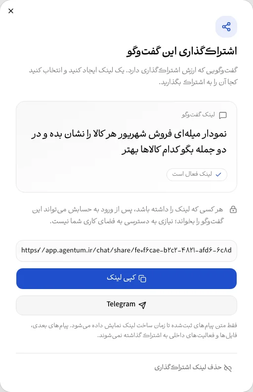 پنجرهٔ اشتراک‌گذاری با لینک فعال